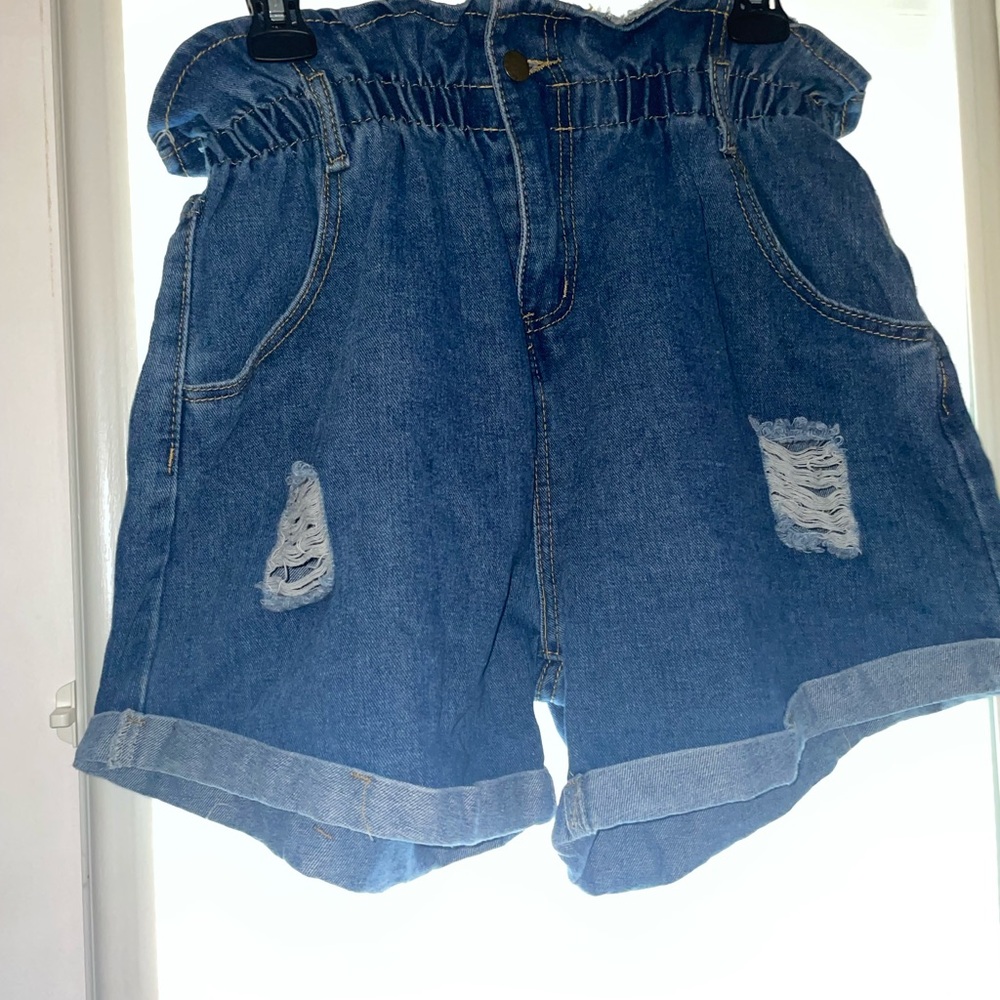 Denim ripped paper bag shorts